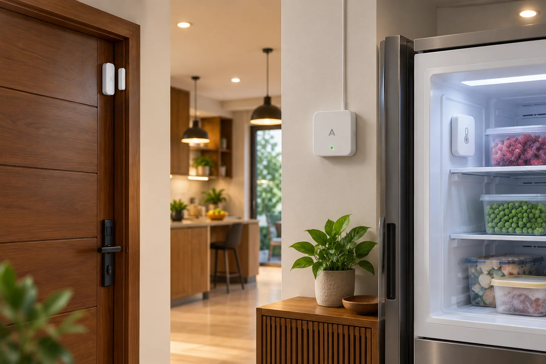 A home with an Airavat door sensor on the front door, a gateway on the wall and a temperature sensor inside the freezer